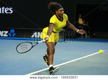 MELBOURNE, AUSTRALIA - JANUARY 28, 2016: Twenty one times Grand Slam champion Serena Williams in action during her final match at Australian Open 2016 at Australian tennis center in Melbourne