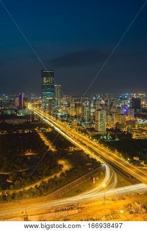 Aerial Skyline View Of Hanoi Cityscape At Twilight. Thang Long Freeway And Pham Hung Street