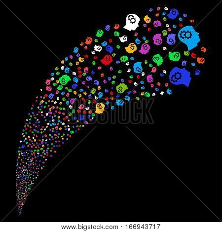 Intellect Gears random source stream. Vector illustration style is flat bright multicolored iconic symbols on a black background. Object fountain combined from icons.