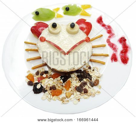 creative breakfast food with fruit and chocolate sweet cream on bread