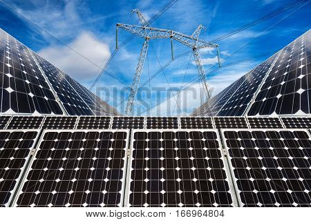 Photo Collage Of Solar Panels And High Voltage Electric Pillar - Concept Of Sustainable Resources