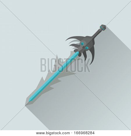 Cartoon game sword with shadow. One-handed medieval knife. Weapon symbol icon. War concept. For computer games, mobile appliances. Part of series of game objects in flat design. Vector illustration.