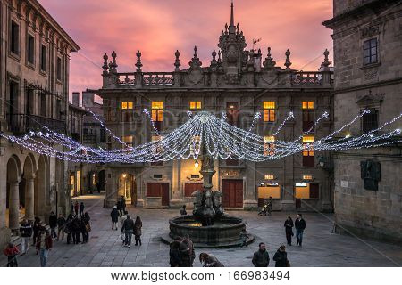 Santiago de Compostela Spain - December 14 2013 - View of the Praterias Square in Santiago de Compostela at sunset