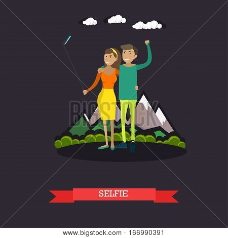 Vector illustration of young couple taking selfie with mobile and selfie stick monopod. Photo equipment design element in flat style.