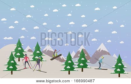 Vector illustration of ski track and people skiing. Skiers, cartoon characters. Mountain landscape. Winter sports and recreation concept design element in flat style.