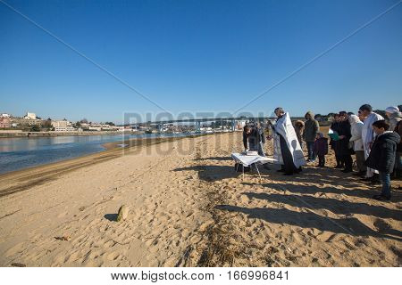 PORTO, PORTUGAL - JAN 19, 2017: Celebrating Baptism of Jesus in the Parish of Russian Orthodox Church near Douro river. This is one of the holiest holidays for all Christians. 