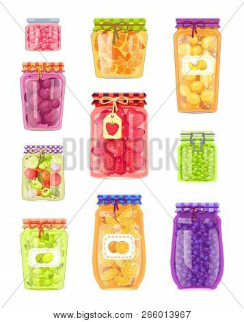 Preserved Fruit And Vegetables Set Vector Illustration. Olive And Salad, Plum And Peach, Strawberry 