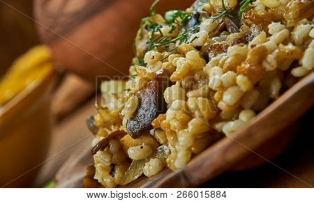 Houbovy Kuba,  Made From Mushrooms, Barley, Caramelized Onions, And Garlic, And Spiced With Marjoram