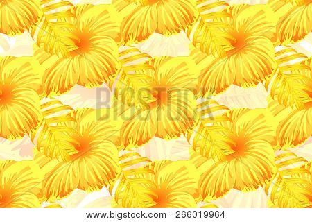 Tropical Pattern. Yellow Exotic Summer Flower Vector Background. Beauty Fasion Monstera, Palm Leaves