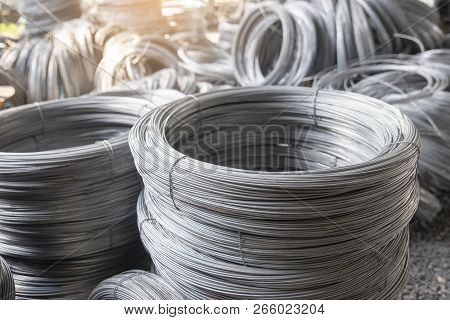 Stainless Steel Wire Rolls In Construction Site.closeup Of Metal Steel Reinforced Rod For Concrete I