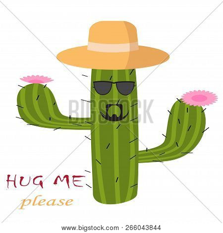 Mexican Green Cactus With  Pink Flouwers. Hug Me Please Text. Succulent In Sombrero. T-shirt Print D