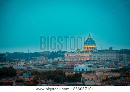 St. Peters Cathedral In Rome, Italy At Blue Hour. Orange And Teal Mood.