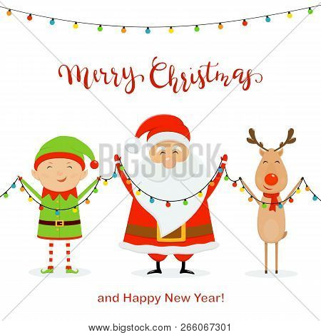 Santa With Little Elf And Cute Deer Holding Colorful Christmas Lights, Isolated On White Background 