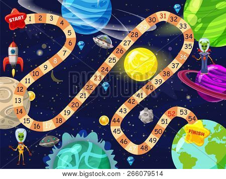Space Board Game Vector Illustration. Rockets Ufo And Aliens In Space Board Game Strategy Kid Cartoo