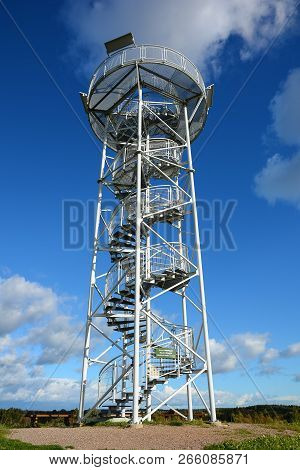 Spiral Staircase Of Lookout Tower, Construction With Metal Steps. Observation Tower, Post Or Point,