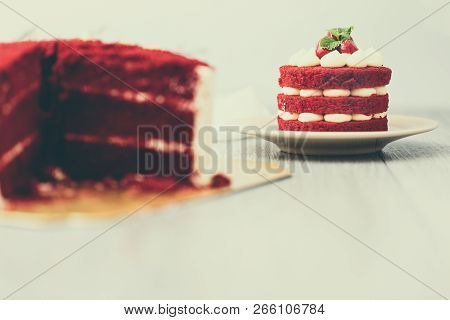 Spea Mint  Leaves On Red Velvet Cake, Close Up Shot Of Colorful Bakery