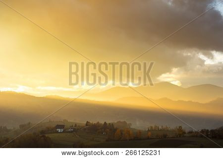 Beautiful Golden Hour Light Over The Mountains In Transylvania