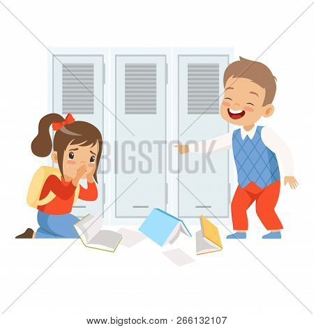 Sad Girl Sitting On The Floor, Classmate Mocking And Pointing Her, Bad Behavior, Conflict Between Ki