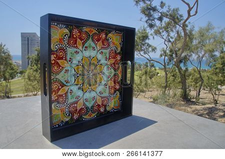 Black Square Hand-painted Tray With Contour Acrylic Paints In The Technique Point To Point, With A G