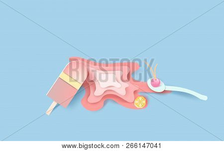 3d Paper Art And Craft Of Ice Cream Stick With Delicious Pink And Red Flavor Melting.isolated Spoon,