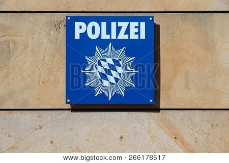 Nuremberg, Germany - May 6, 2018: Police Station Sign In Nuremberg, Germany. Bavarian State Police (