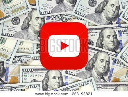 Kiev, Ukraine - September 07, 2018: Youtube Icon Printed On Paper, Cut And Placed On Money Backgroun