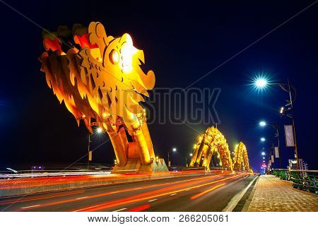 Da Nang, Vietnam - September 30: The Dragon Bridge (cau Rong) With Orange-colored Illumination At Ni