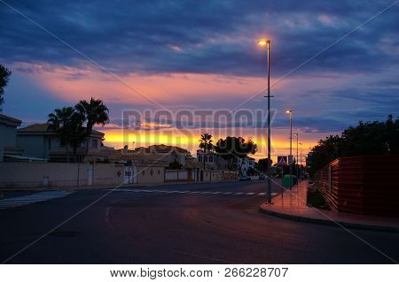 Orihuela Costa, Alicante, Spain - October 25, 2018: Beautiful Sunrise On Playa Flamenca