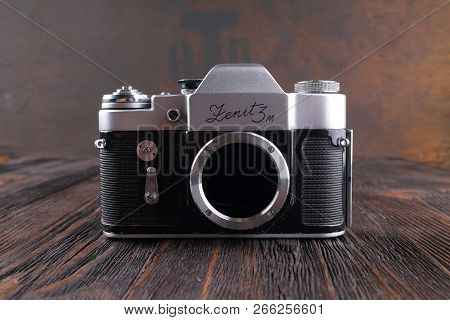 Moscow, Russia, April 20, 2017. The Old Soviet 35 Mm Slr Camera Zenit 3m, Released1968.