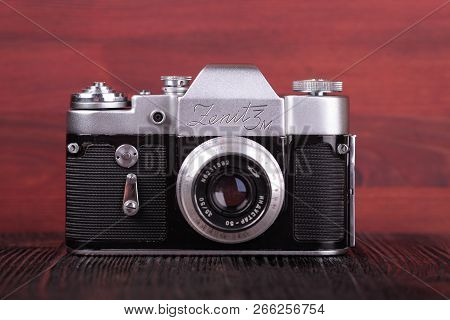 Moscow, Russia, April 20, 2017. The Old Soviet 35 Mm Slr Camera Zenit 3m, Released1966.