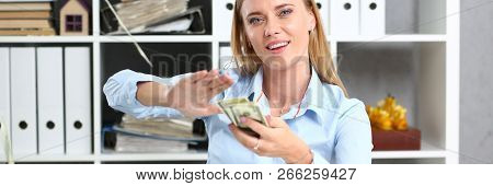 Beautiful Businesswoman Portrait. Scattering Money Notes Dollars In Fashion Vows Style Curly Hair Wi