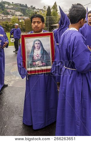 Quito, Ecuador - April 22, 2011: Close Up Of Unidentified Man Getting Ready For Religious Procession