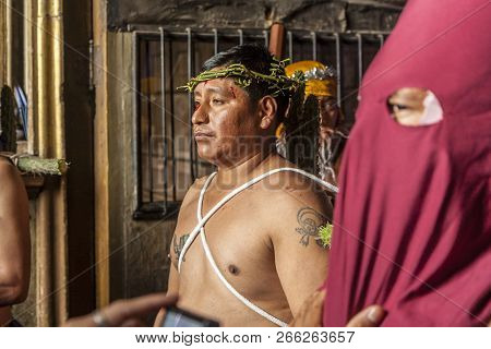Quito, Ecuador - April 22, 2011: Close Up Of Unidentified Man In A Religious Procession