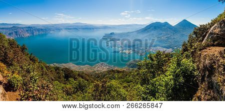 Atitlan Lake In Guatemala, Picture Taken From San Pedro Volcano. Volcanoes Cerro De Oro, Toliman, At