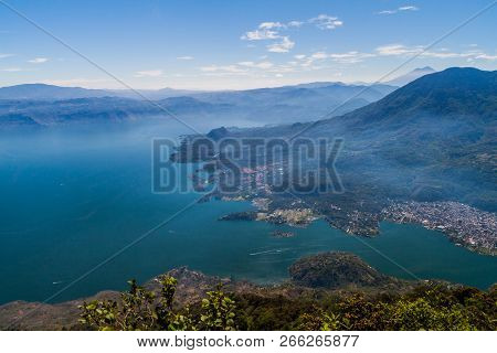 Atitlan Lake In Guatemala, Picture Taken From San Pedro Volcano. Volcanoes Cerro De Oro And Toliman,