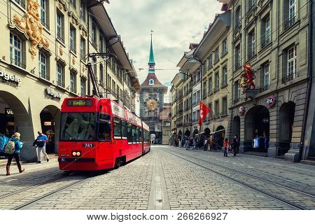 Bern, Switzerland - May 10, 2016 : Shopping Street In The Old Medieval City Of Bern, Switzerland. In