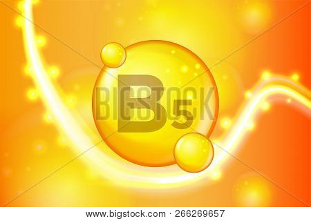 Vitamin B5 Gold Shining Pill Capsule Icon . Vitamin Complex With Chemical Formula. Shine Gold Sparkl