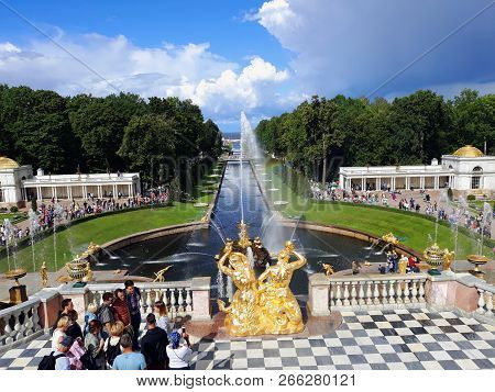 Saint Petersburg, Russia - August 7, 2018: Grand Cascade Of The Pertergof Palace