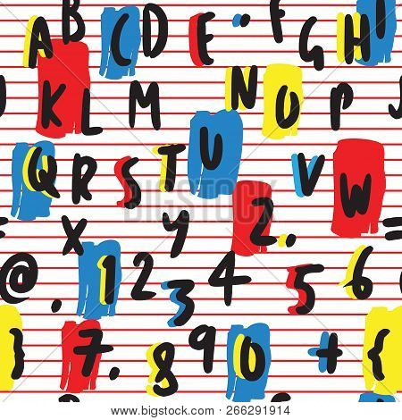 Bold Letters And Numbers Hand Drawn Seamless Pattern On White Background With Red Stripes