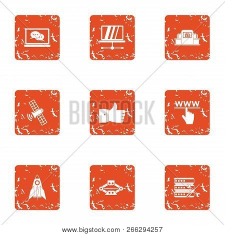 Artificial Satellite Icons Set. Grunge Set Of 9 Artificial Satellite Vector Icons For Web Isolated O