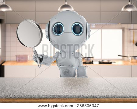 3d Rendering Mini Robot With Frying Pan