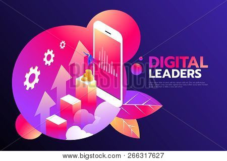 Isometric Businessman With Cape Flying On Top Of The Graph And Smartphone, Digital Online And Busine