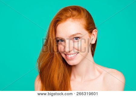 Close-up Portrait Of Nice Nude Positive Sweet Tender Cheerful Red-haired Girl With Shiny Pure Clean 