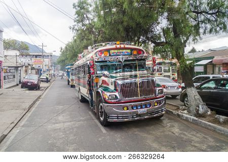 Quetzaltenango, Guatemala  - March 21, 2016: Colourful Chicken Buses, Former Us School Buses, Ride I