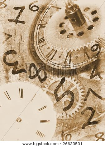 Grunge clock background with time machines tools and flying numbers.Sepia colors.