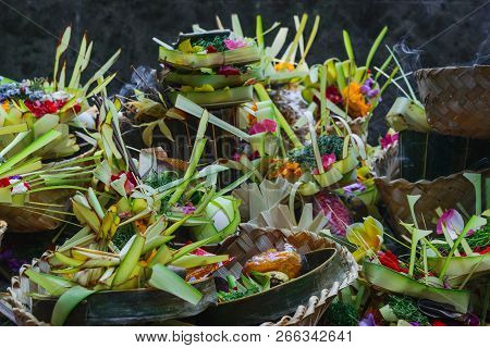 Offering To Hindu Gods In Bali Island Which Called Canang And Made From Leaves And Flowers