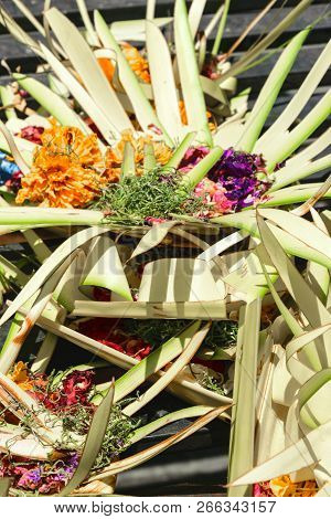 Offering To Hindu Gods In Bali Island Which Called Canang And Made From Leaves And Flowers