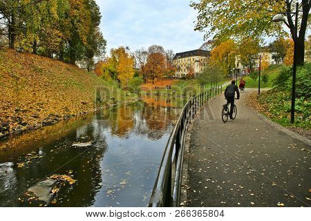 Walking Path Along The River In City In Autumn. River Akerselva In Oslo, Norway.