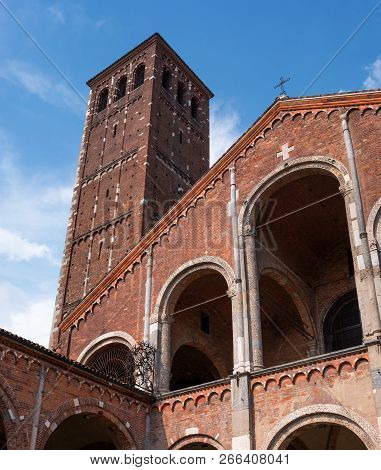 Milan, Lombardy, Italy. Bell Tower Of The Church Of Santambrogio. In The Church Of Sant Ambrogio The