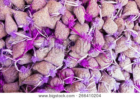 Lavender Flowers And Sachets Filled With Dried Lavender At Market
